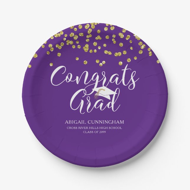 Graduation Purple CONGRATS GRAD Script Confetti Paper Plate (Front)