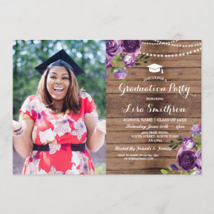 Graduation Purple Flowers Lights Wood Photo Invitation