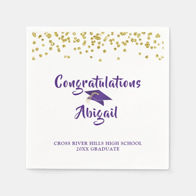 Graduation Purple Gold Confetti Brush Script Napkin (Front)