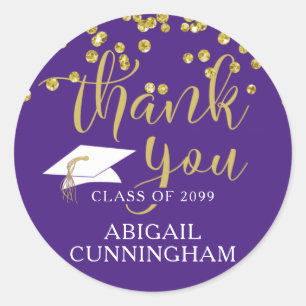 Graduation Purple Gold Confetti Script THANK YOU Classic Round Sticker