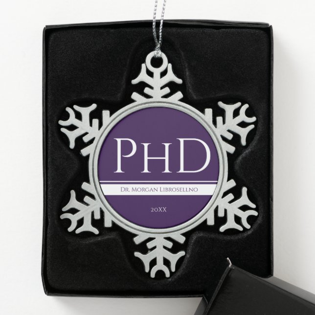 Graduation Purple Name Year PhD Snowflake Pewter Christmas Ornament (Box)