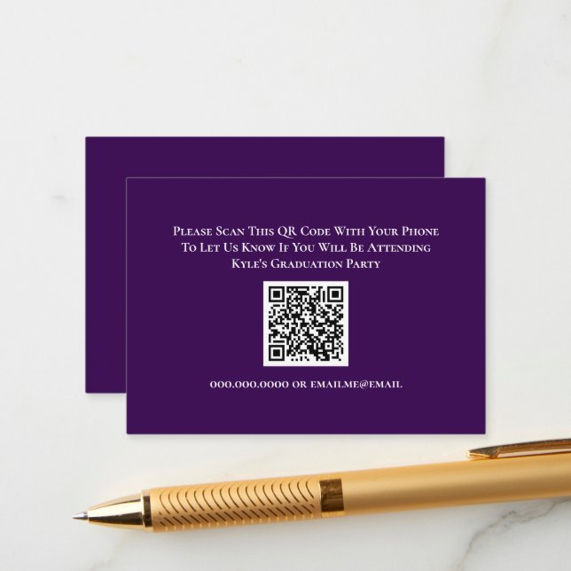 Graduation Purple White RSVP QR Code Response Card (Front/Back In Situ)