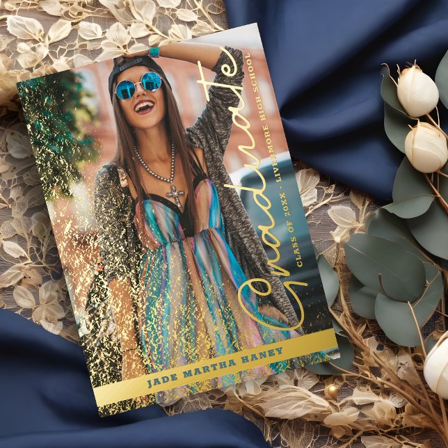 Graduation Real Golden Chic Fancy Romantic Photo  (Graduation Real Golden Chic Fancy Romantic Photo Metallic Foil Invitation with Envelope. )