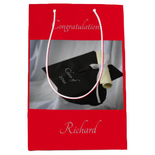Graduation Red Cap & Diploma Personalised Medium Gift Bag
