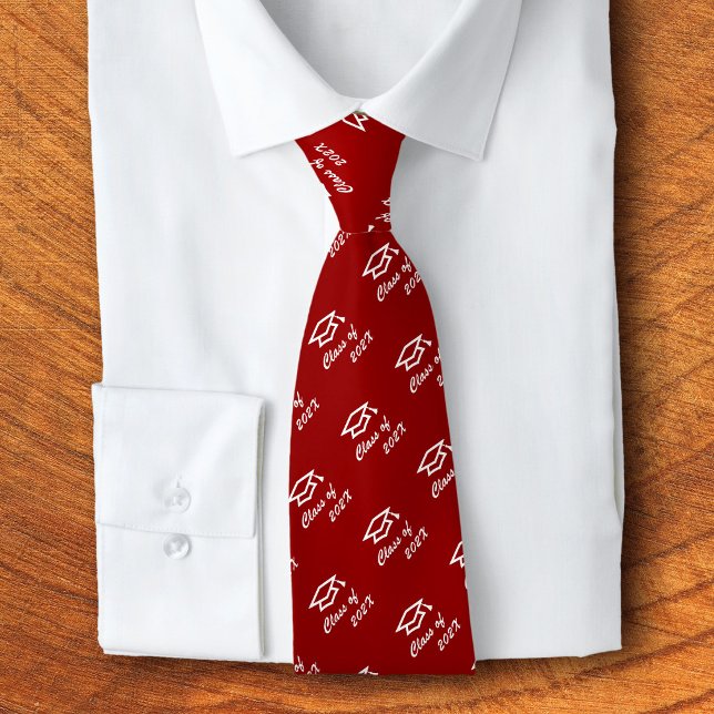 Graduation Red Cap Icon Pattern Class Year Modern Tie (Creator Uploaded)