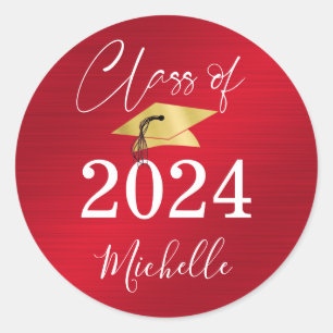 Graduation Red Gold Cap Script Year Faux Metallic Classic Round Sticker