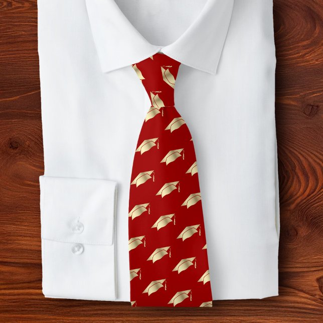 Graduation Red Gold Foil Cap Icon Pattern Minimal Tie (Creator Uploaded)