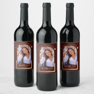 Graduation Red Gold Sun Moon Stars Grad Photo Wine Label
