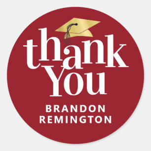 Graduation Red Gold THANK YOU Name Classic Round Sticker