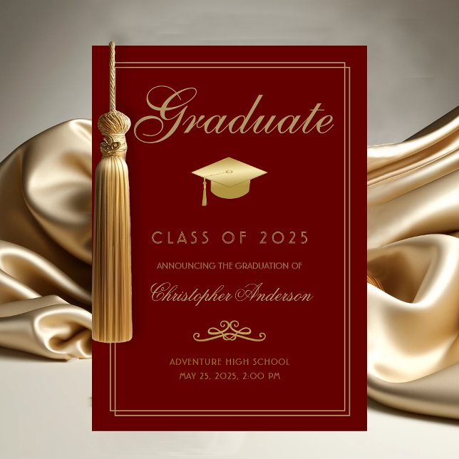 Graduation Red Maroon Gold Formal Script Grad Cap Announcement (Elegant Graduate Graduation Announcement with Gold Grad Cap, calligraphy script and red
 background)