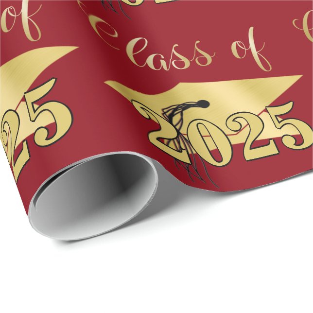 Graduation Red Metallic Gold Class Year Wrapping Paper (Roll Corner)