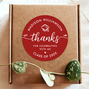 Graduation Red Modern Thank You Script Hearts Cap Classic Round Sticker