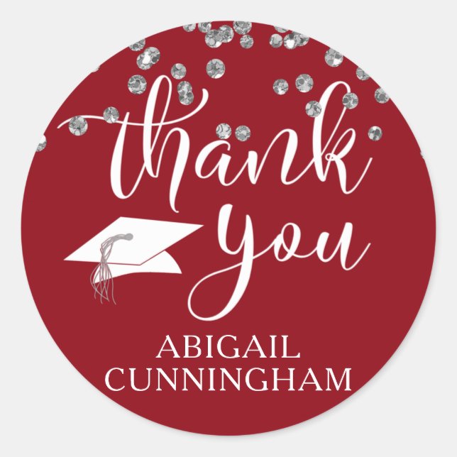 Graduation Red Silver Confetti Script THANK YOU Classic Round Sticker (Front)