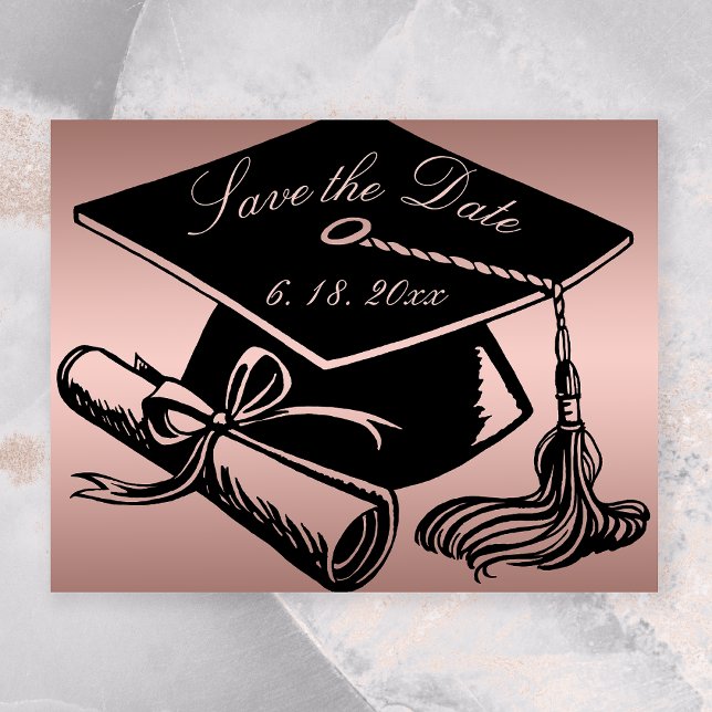 Graduation Rose Gold Cap Diploma Save the Date Announcement (Rose Gold Graduation Save the Date with a Black Grad Cap)