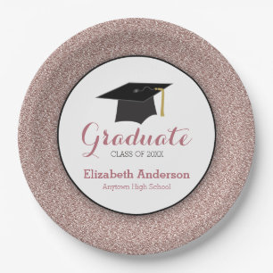 Graduation Rose Gold Glitter Elegant Paper Plate
