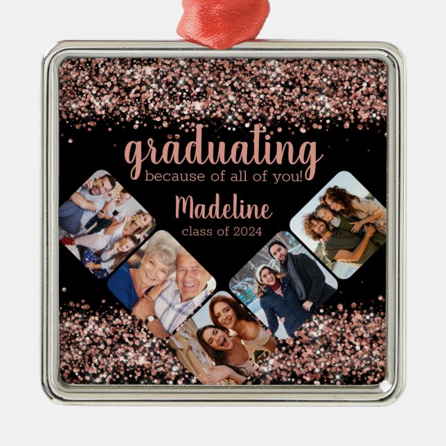 Graduation Rose Gold Glitter Five Photo Metal Ornament (Front)