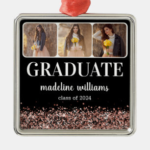 Graduation Rose Gold Glitter Three Photo Metal Ornament