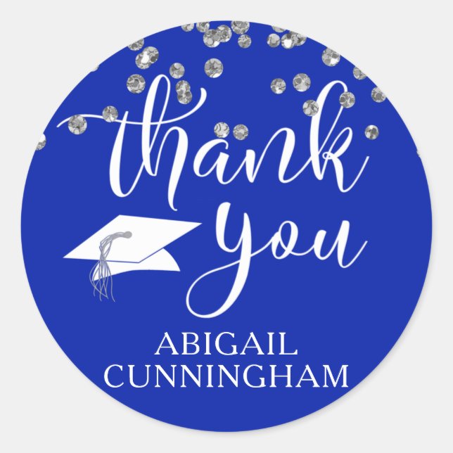 Graduation Royal Blue Confetti Script THANK YOU Classic Round Sticker (Front)