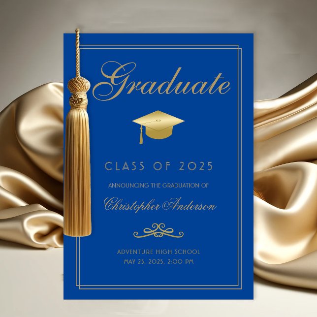 Graduation Royal Blue Gold Formal Script Grad Cap Announcement (Elegant Graduate Graduation Announcement with Gold Grad Cap, calligraphy script and blue background)
