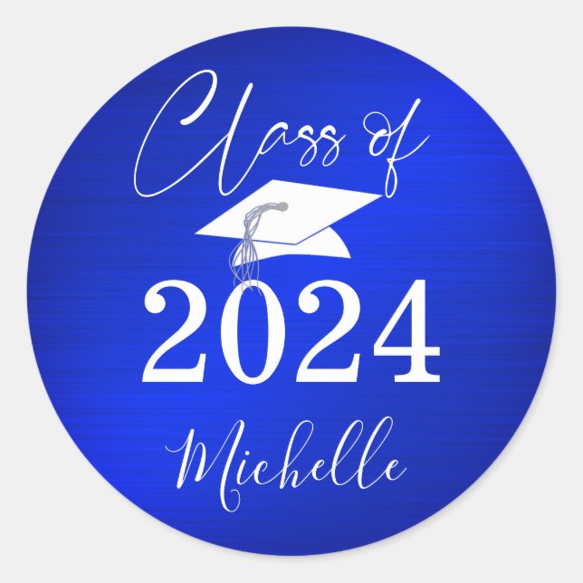 Graduation Royal Blue Script Cap Faux Metallic  Classic Round Sticker (Front)