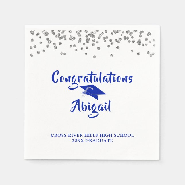 Graduation Royal Blue Silver Confetti Brush Script Napkin (Front)