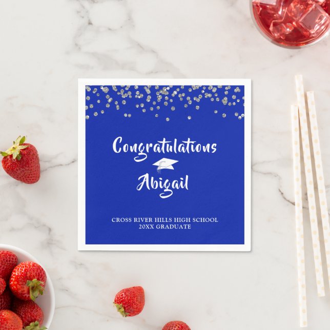 Graduation Royal Blue Silver Confetti Brush Script Napkin (Insitu)