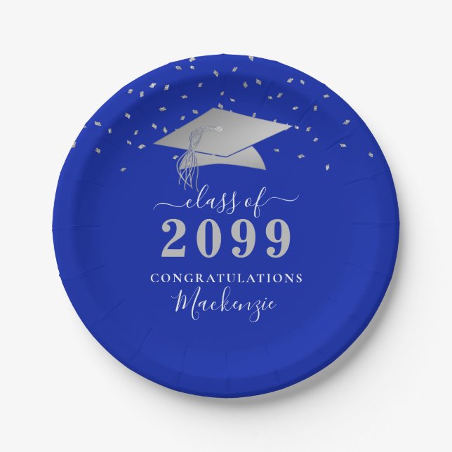 Graduation Royal Blue Silver Confetti Script Paper Plate (Front)