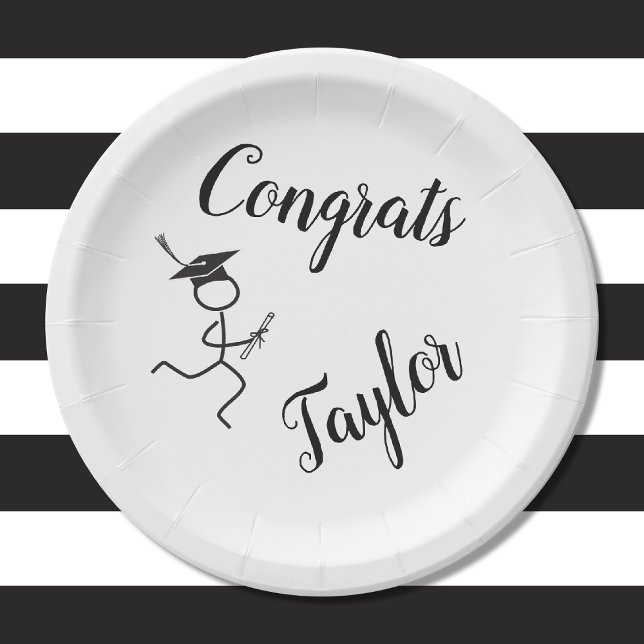 Graduation Runner © Running Grad White Black Text Paper Plate (Depiction of Front of Paper Plate)