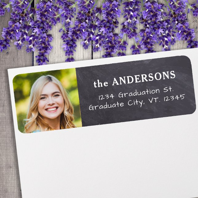 Graduation Rustic Chalkboard Photo Return Address Label (Creator Uploaded)
