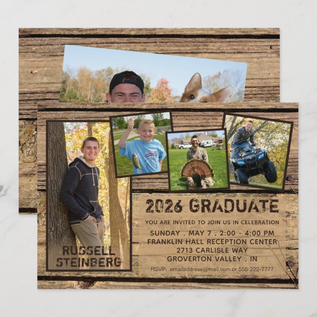 Graduation Rustic Country Wood 5 Photo Collage Invitation (Front/Back)