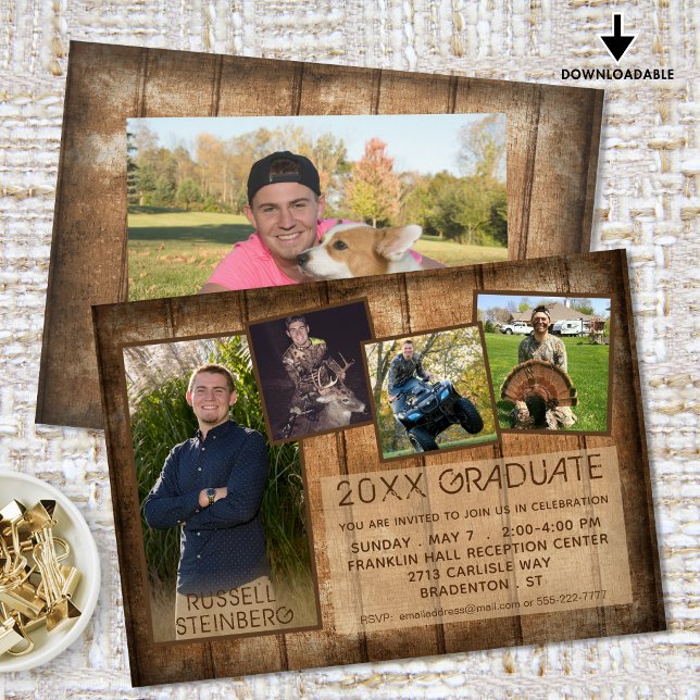 Graduation Rustic Country Wood 5 Photo Collage Invitation (Creator Uploaded)