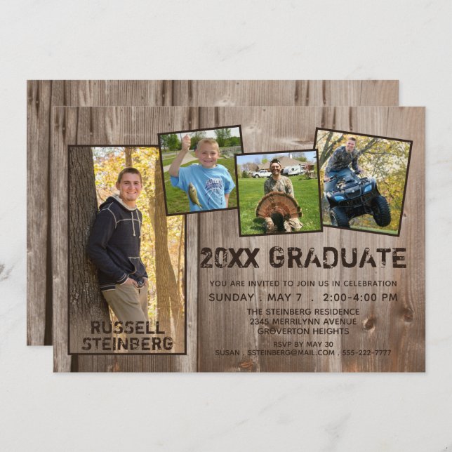 Graduation Rustic Country Wood 5 Photo Invitation (Front/Back)