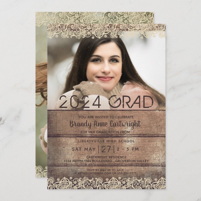 Graduation Rustic Country Wood and Lace Two Photo Invitation (Front/Back)
