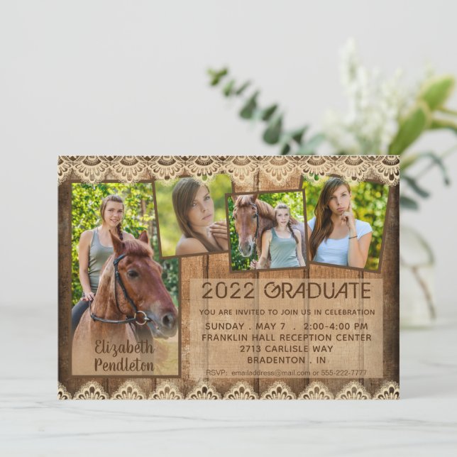 Graduation Rustic Country Wood Lace 5 Photo Invitation (Standing Front)