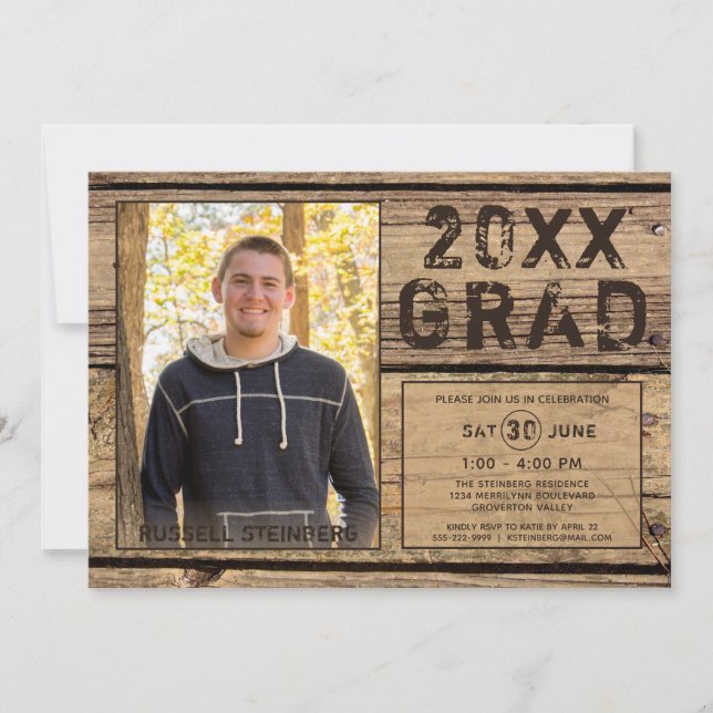 Graduation Rustic Country Wood One Photo GRAD Invitation (Front)