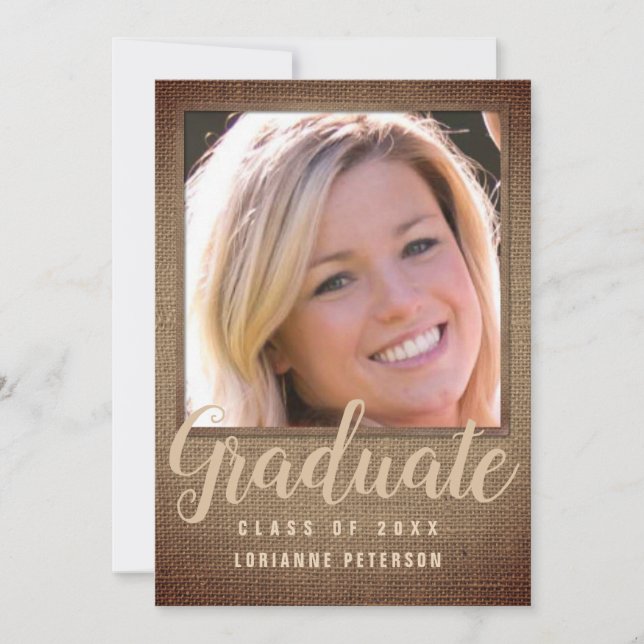 Graduation Rustic Photo Tan Burlap Modern Script Announcement (Front)