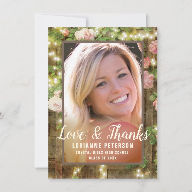 Graduation Rustic Roses Floral String Lights Photo Thank You Card (Front)