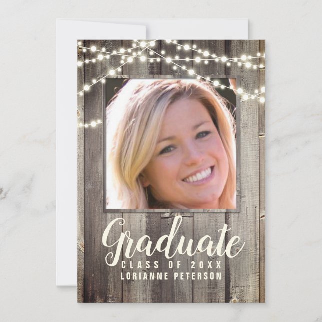 Graduation Rustic Wood Shiplap String Light Photo Announcement (Front)