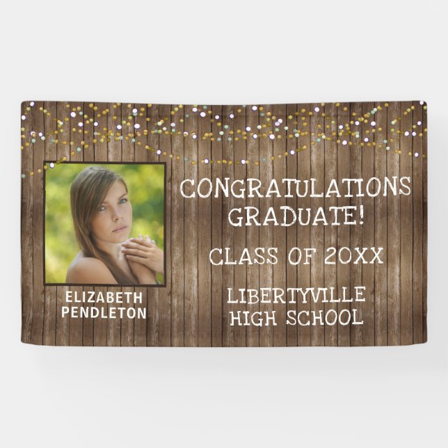 Graduation Rustic Wood String Lights Photo Banner (Horizontal)