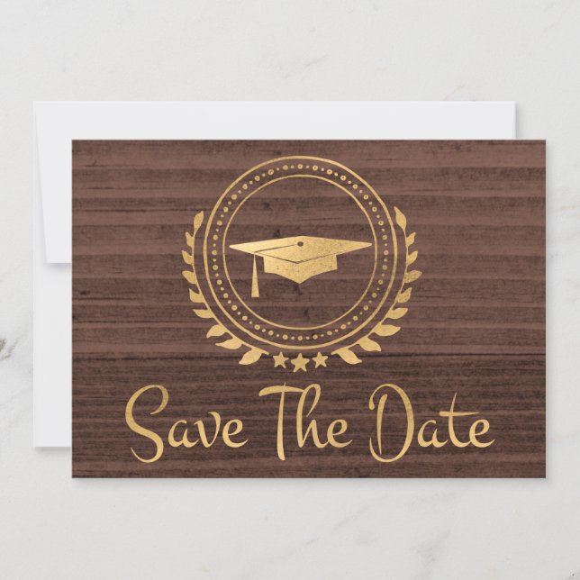 Graduation Rustric Save The Date Gold Grad Cap (Front)