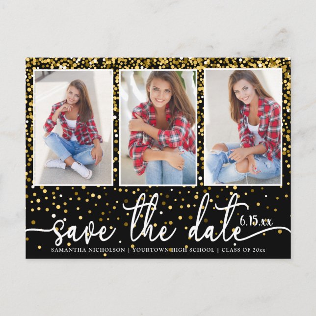 Graduation Save Date 4 Photo Gold Glitter Black Invitation Postcard (Front)