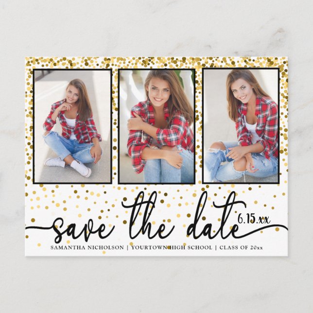 Graduation Save Date 4 Photo Gold Glitter White Invitation Postcard (Front)