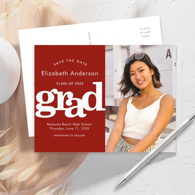 Graduation save date photo bold typography on red invitation postcard (Creator Uploaded)