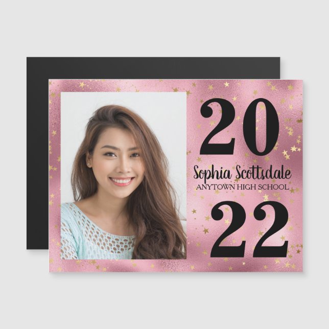 Graduation Save Date Photo Pink Gold Stars Girls Magnetic Invitation (Front/Back)
