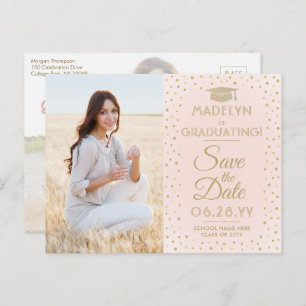 Graduation Save the Date 2 Photo Blush Pink & Gold Announcement Postcard
