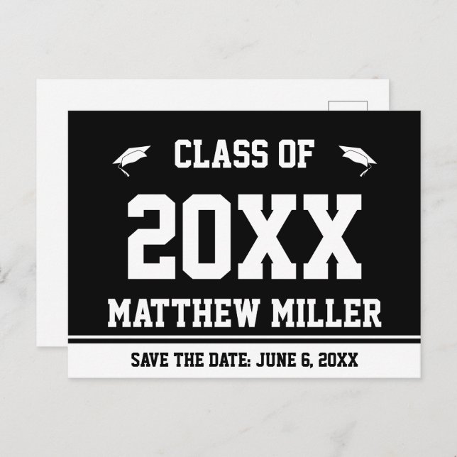 Graduation Save the Date Black and White Grad Name Announcement Postcard (Front/Back)