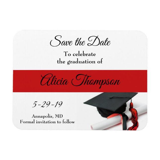 Graduation Save the Date Black Red Cap Tassel Magnet (Horizontal)