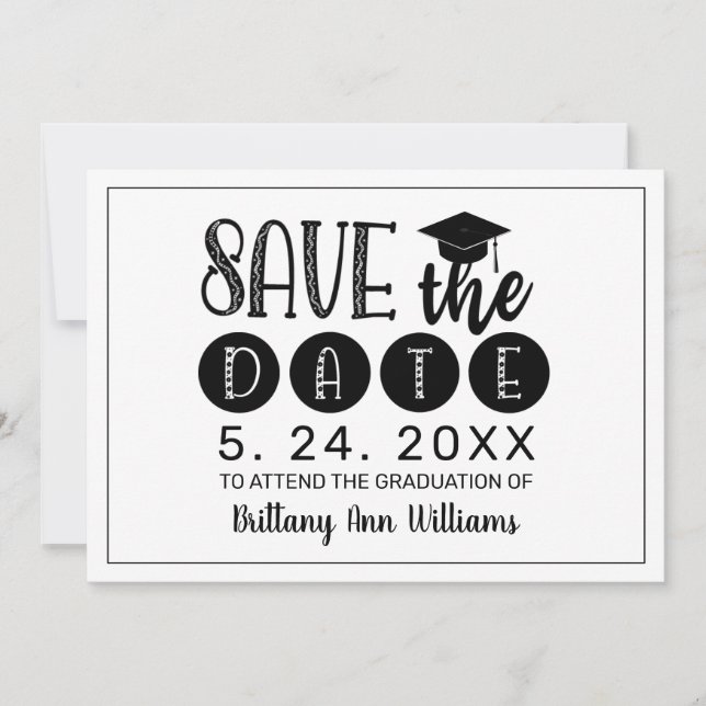 Graduation Save the Date Black Typography White Announcement (Front)