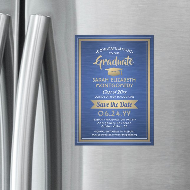 Graduation Save the Date Brushed Royal Blue & Gold Magnetic Invitation (Creator Uploaded)