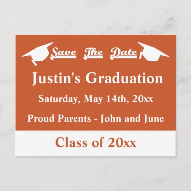 Graduation Save The Date Card Burnt Orange (Front)